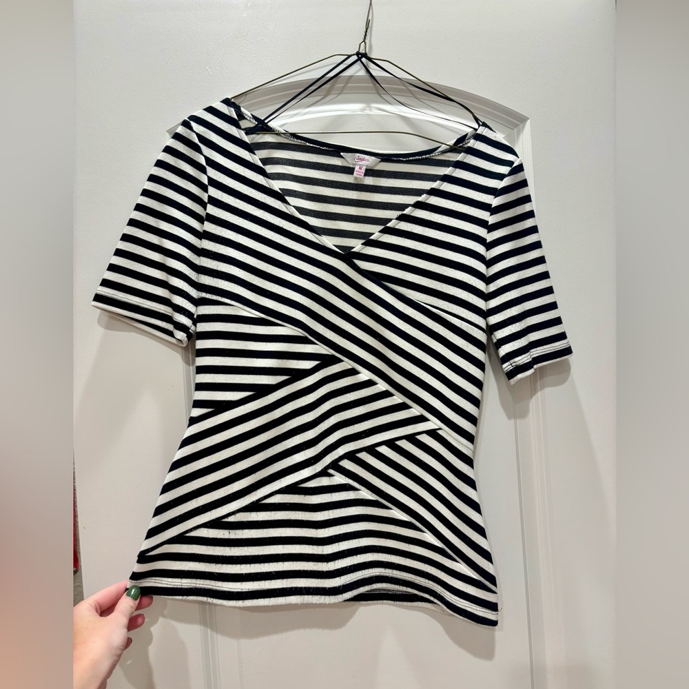 Candie’s Black and White Striped V-Neck Blouse